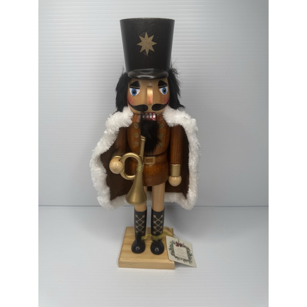 Wood Christmas Nutcracker 14" Black Fur Gold Horn Bugle Brown Cape Decor